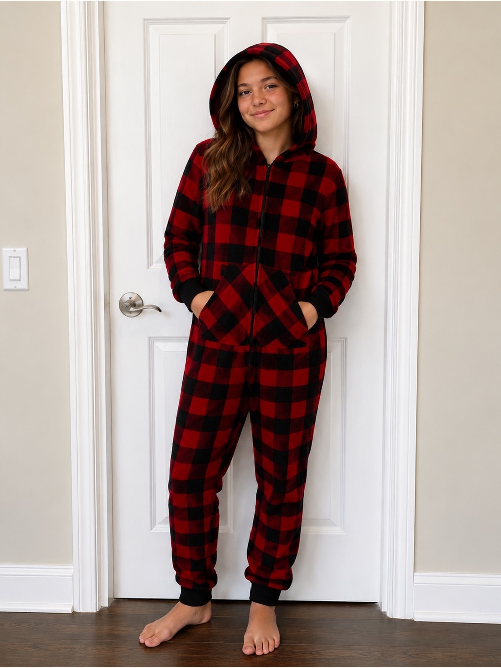 Cat & Jack Cozy Buffalo Plaid Hooded Onesie Sleepwear Youth Size 14/16